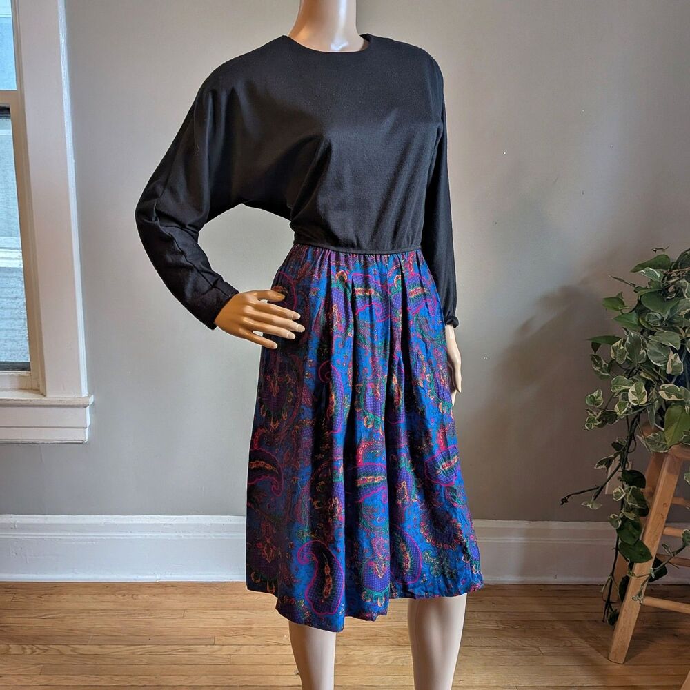 Vintage 80s Leslie Fay Midi Dress Paisley Secretary Librarian Pockets Size 8P